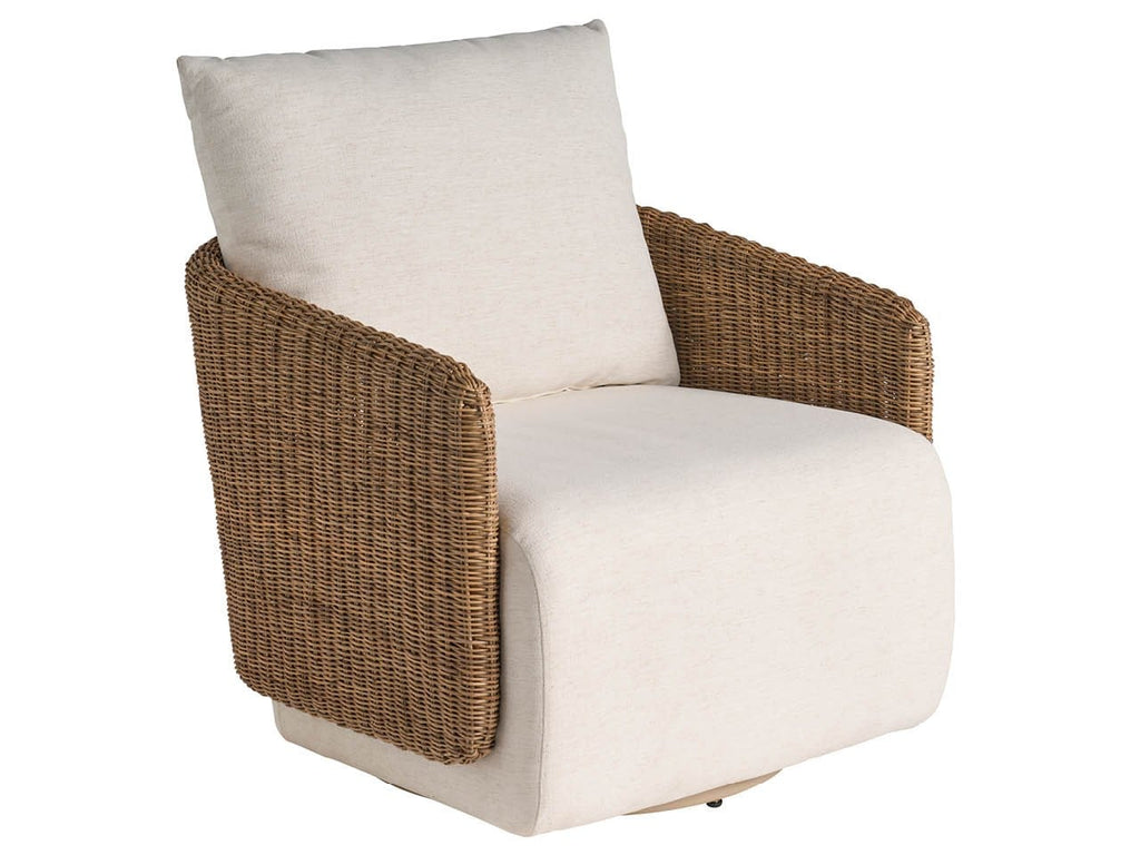 Sedia Girevole - Questo elegante articolo, che unisce la texture naturale al comfort moderno, presenta braccioli in stile vimini intrecciato abbinati a morbidi rivestimenti neutri per un'atmosfera calda,