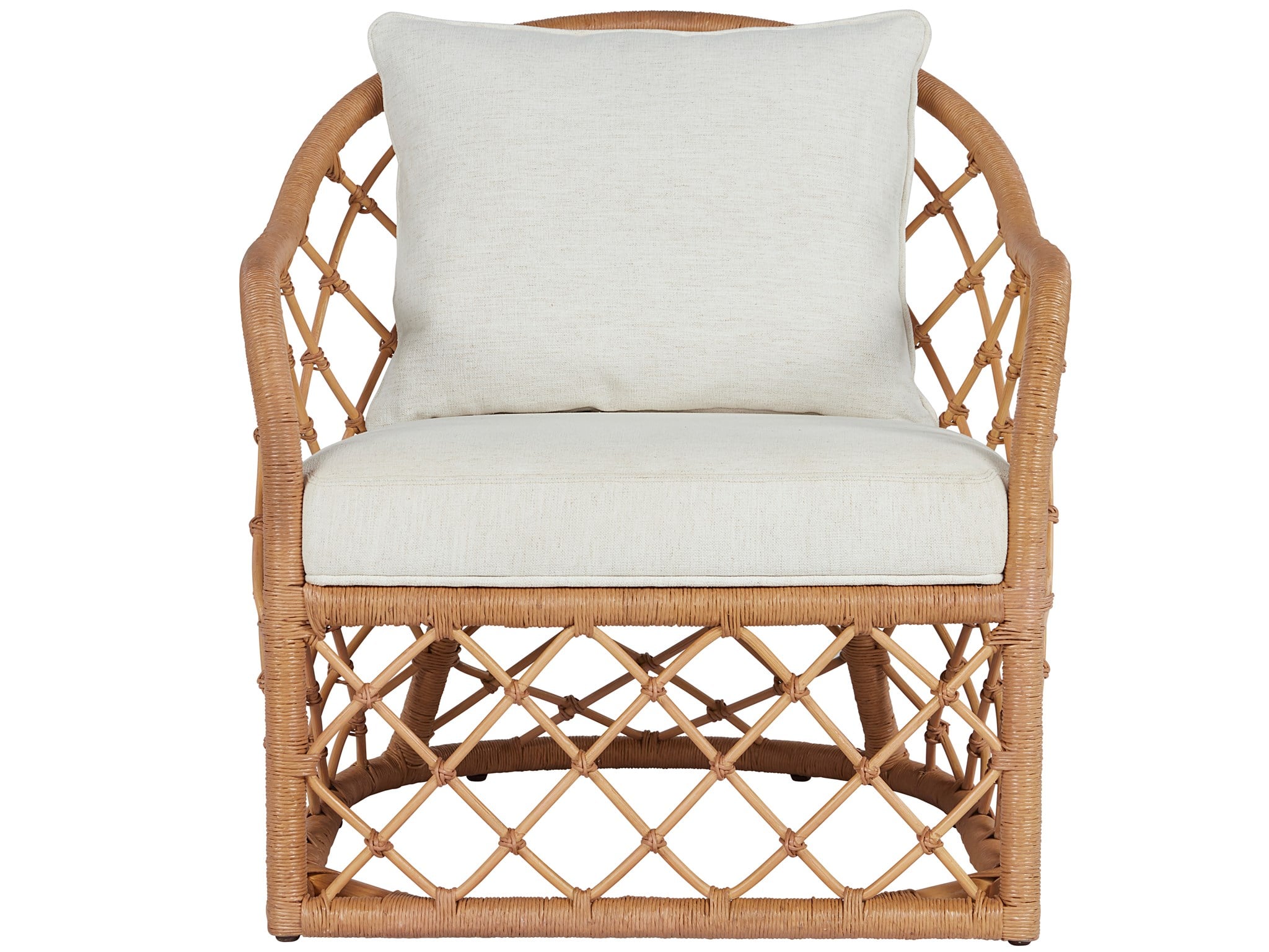 Poltrona di design - Misure 76 cm L x 81 cm P x 81 cm H Profondità seduta: 58 cm Altezza seduta: 42 cm Altezza braccioli: 61 cm Finitura: Rattan naturale Tessuto: Tessuto ad alte prestazioni (Cryp