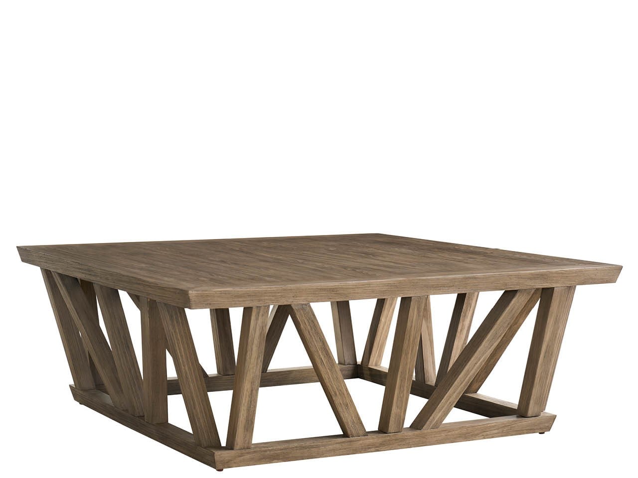 Tavolino quadrato da cocktail - Misure 117 cm L x 117 cm P x 43 cm H Finitura: marrone medio Materiale: Legno Caratteristiche: Design a cornice aperta, Piedini regolabili