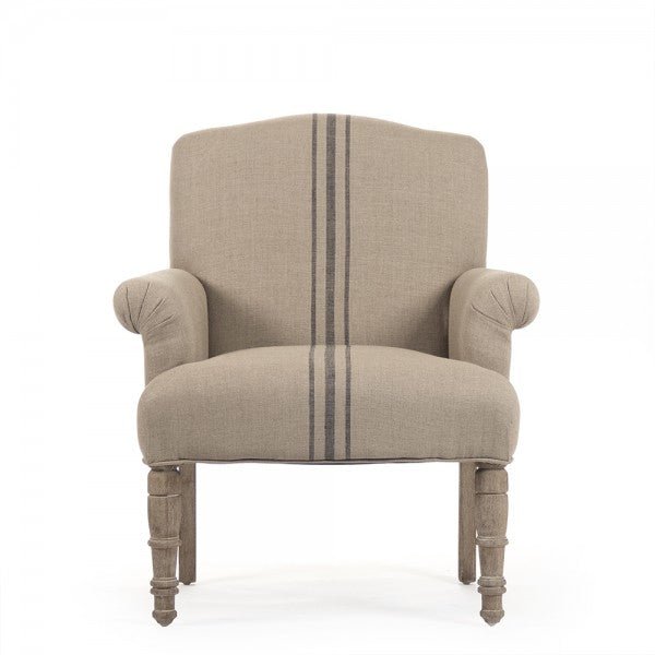 Poltrona Club - Dimensioni 66 cm L x 71 cm P x 96,5 cm H - Questa splendida poltrona presenta una struttura in legno di quercia grigio sbiancato con rivestimento in lino color cachi inglese e un centro sbiadito, i