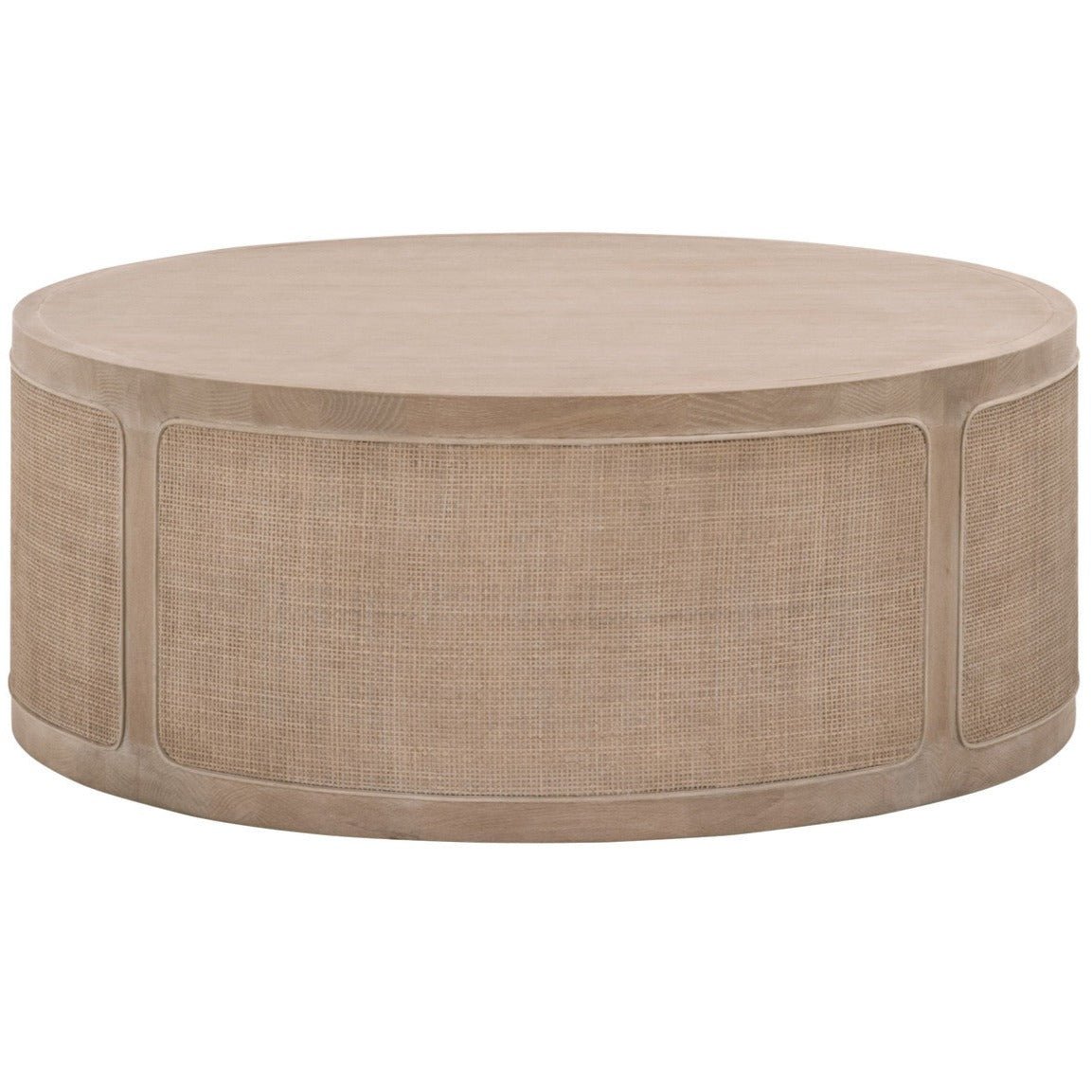 Tavolino da Salotto - Questo bellissimo tavolino rotondo grande, caratterizzato da legno di quercia massello con un piano impiallacciato in quercia e lati avvolti in una splendida intarsiatura con un bordo in legno, è perfetto