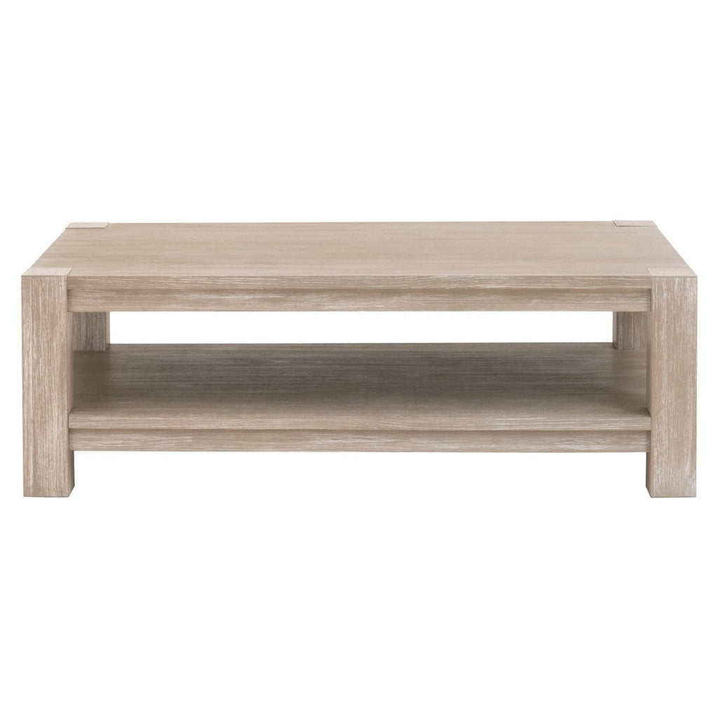 Tavolino da salotto - Questo bellissimo tavolino in legno di faggio sbiancato grigio e bianco, dotato di una mensola inferiore, è perfetto per aggiungere stile con il suo fascino rustico e moderno.