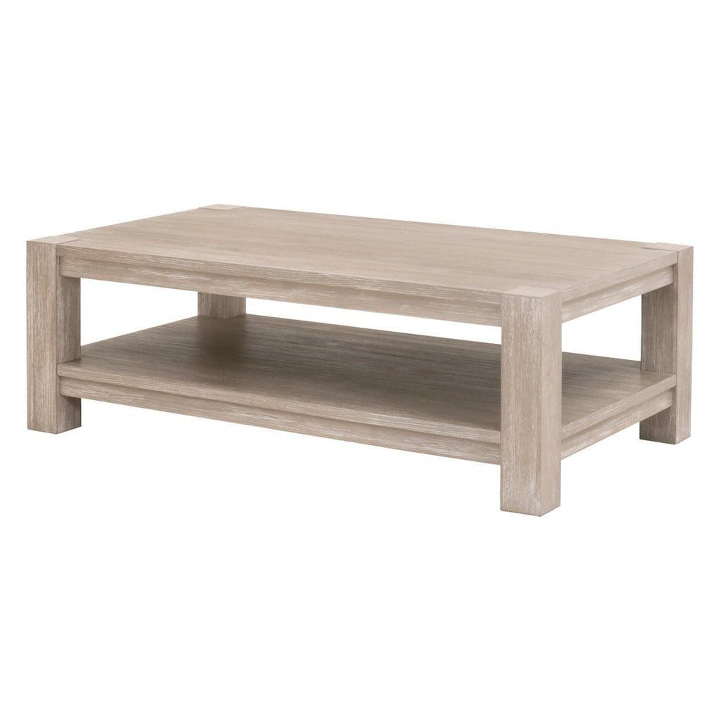 Tavolino da salotto - Questo bellissimo tavolino in legno di faggio sbiancato grigio e bianco, dotato di una mensola inferiore, è perfetto per aggiungere stile con il suo fascino rustico e moderno.