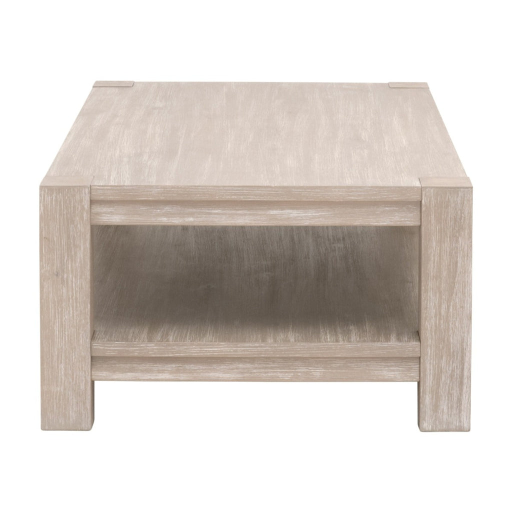 Tavolino da salotto - Questo bellissimo tavolino in legno di faggio sbiancato grigio e bianco, dotato di una mensola inferiore, è perfetto per aggiungere stile con il suo fascino rustico e moderno.